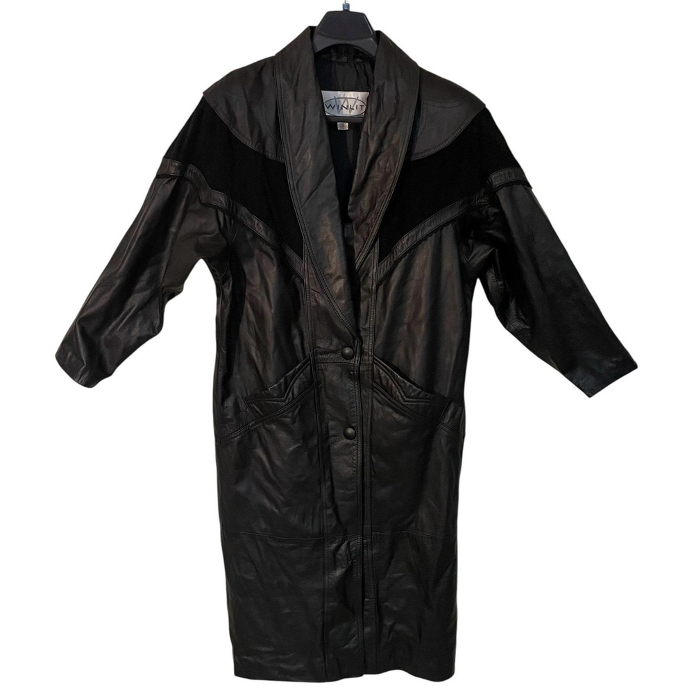 Vtg Winlit Womens Black Leather Suede Trench Coat Western Cybergoth 90s Matrix L